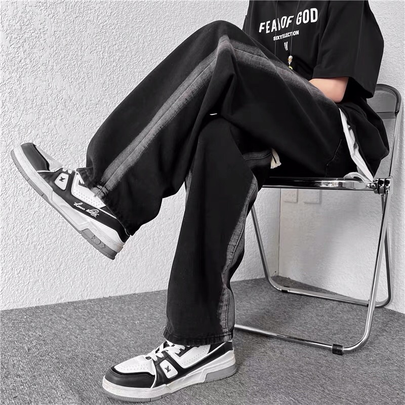 Quần bò jeans ống rộng cạp chun dây rút viền phối màu đậm nhạt hiphop Ulzzang siêu chất ❤️