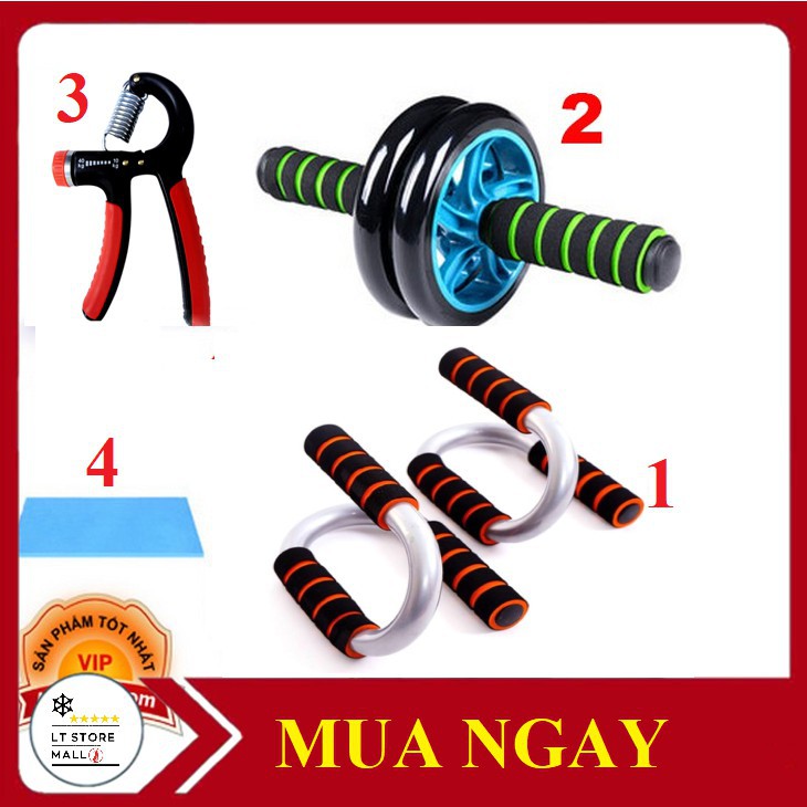 Combo 4 món tập cơ tay, bụng, hít đất, con lăn - Dụng cụ tập gym