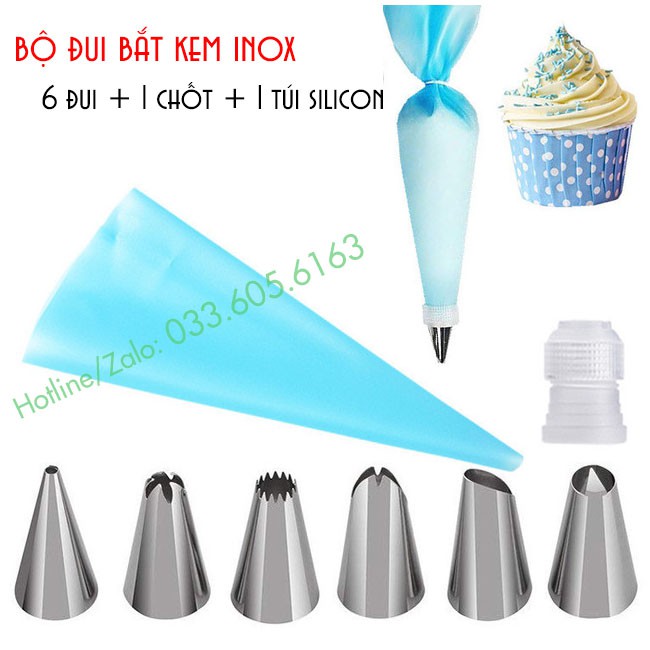Bộ 6 đui inox bắt kem kèm chốt và túi bắt kem Silicon - Dụng cụ pha chế TV