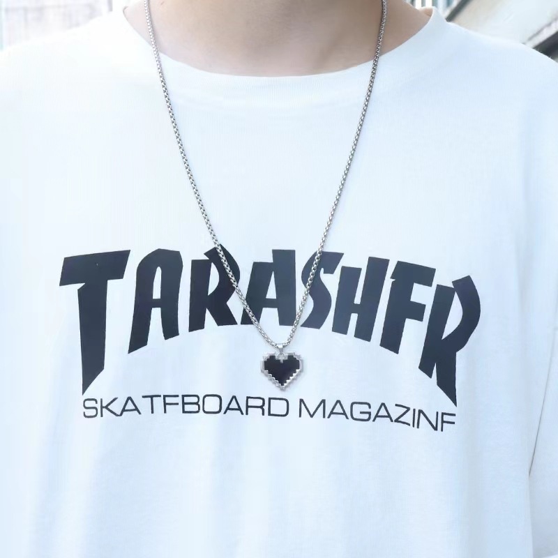 XiaoboACC Dây Chuyền Bằng Thép Không Gỉ Mặt Trái Tim Khảm Đá Phong Cách Hip Hop - 60CM