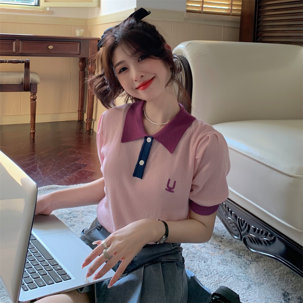 DUNEA Áo Sweater Dệt Kim Mỏng Tay Ngắn Dáng Rộng Cổ Polo Thêu Họa Tiết Màu Khối Quyến Rũ Cho Nữ