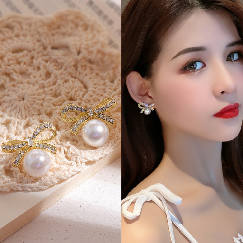 Bông Tai Mạ Bạc 925 Hình Nơ Đính Ngọc Trai Phong Cách Hàn Quốc 2022