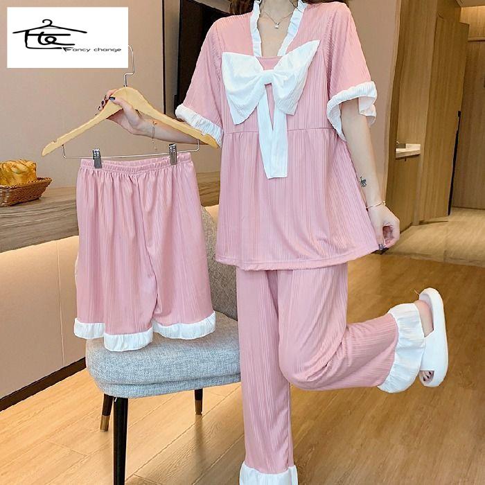 Bộ Đồ Ngủ Pijama Ba Món Dáng Rộng Phong Cách Công Chúa Hàn Quốc Thời Trang Xuân Hè Ngọt Ngào Cho Nữ