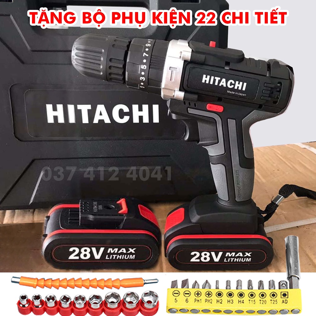 KHOAN KHÔNG DÂY HITACHI 28V - Tặng thêm 24 phụ kiện - 3 Chức năng: khoan, vít, đục tường