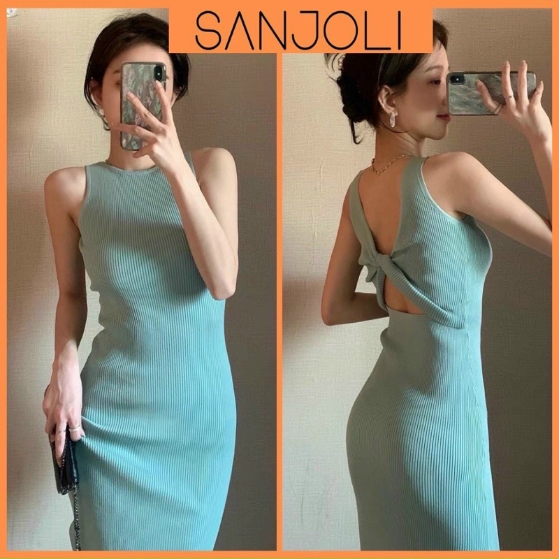 Đầm Body Maxi SANJOLI Dự Tiệc Nữ Ôm Sexy Hở Lưng Dáng Dài Thiết Kế Xẻ Tà Xoắn Nơ Đi Chơi