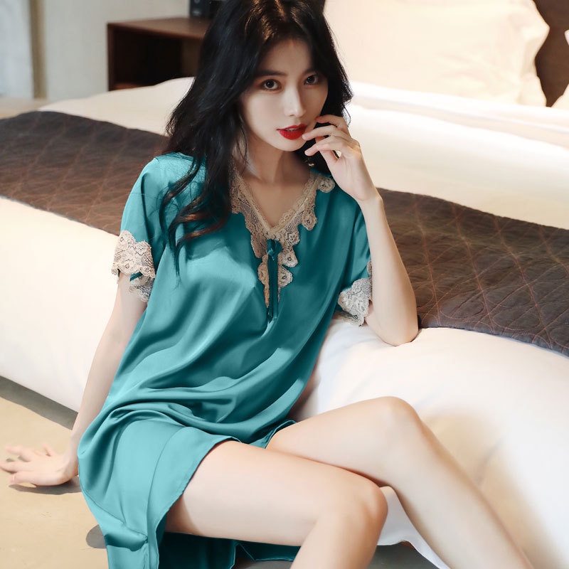 Váy ngủ nữ ngắn tay mùa hè vải lụa tuyết, phối ren sexy VF