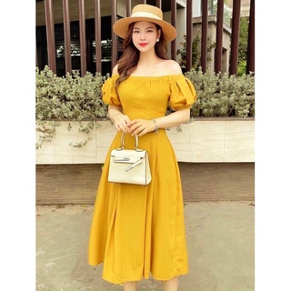 Đầm trễ vai chít li eo dáng xèo
