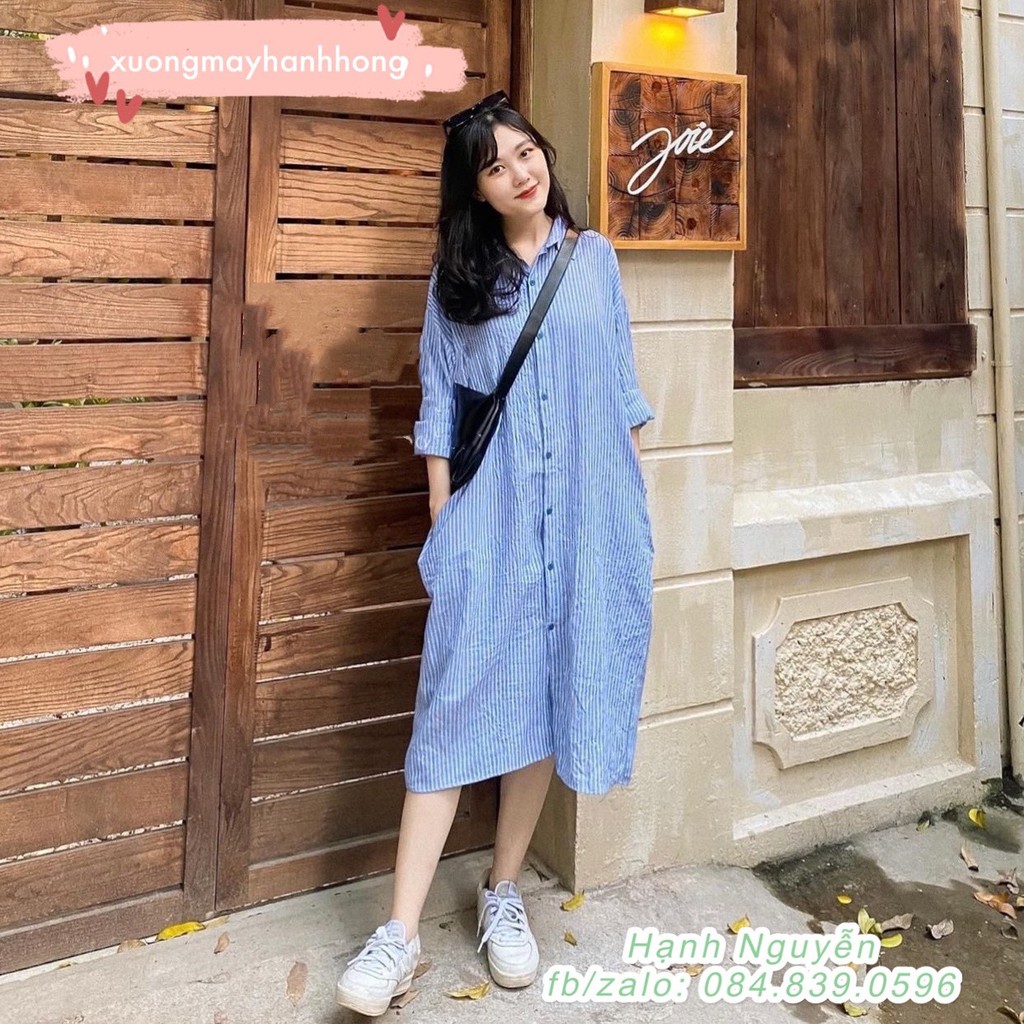 (Ảnh thật) Đầm sơ mi kẻ sọc thoáng khí thời trang mùa thu Pháp, Váy sơ mi dáng suông kèm đai | BigBuy360 - bigbuy360.vn