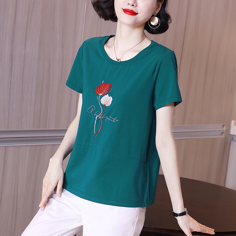 Áo Thun cotton Ngắn Tay Thêu Họa Tiết Thời Trang Cho Nữ Trung Niên