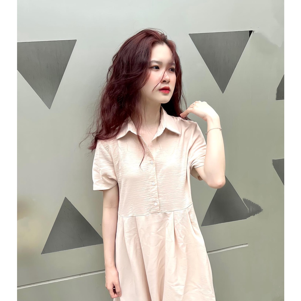 Váy suông dài cổ đức, đầm rộng cổ sơ mi chất đũi không nhăn siêu mềm mát cao cấp- Miho house