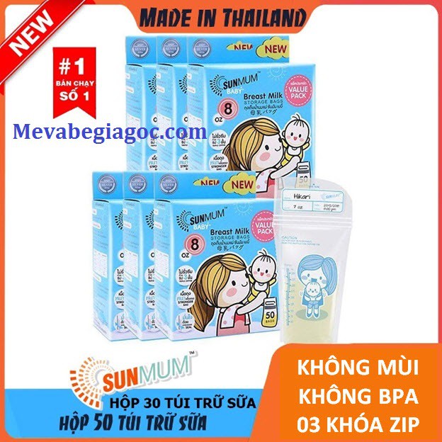 (Made in Thailand) TÚI TRỮ SỮA CAO CẤP KHÔNG MÙI 3 KHÓA ZIP SUNMUM (100ml / 250ml) (Mẫu mới)