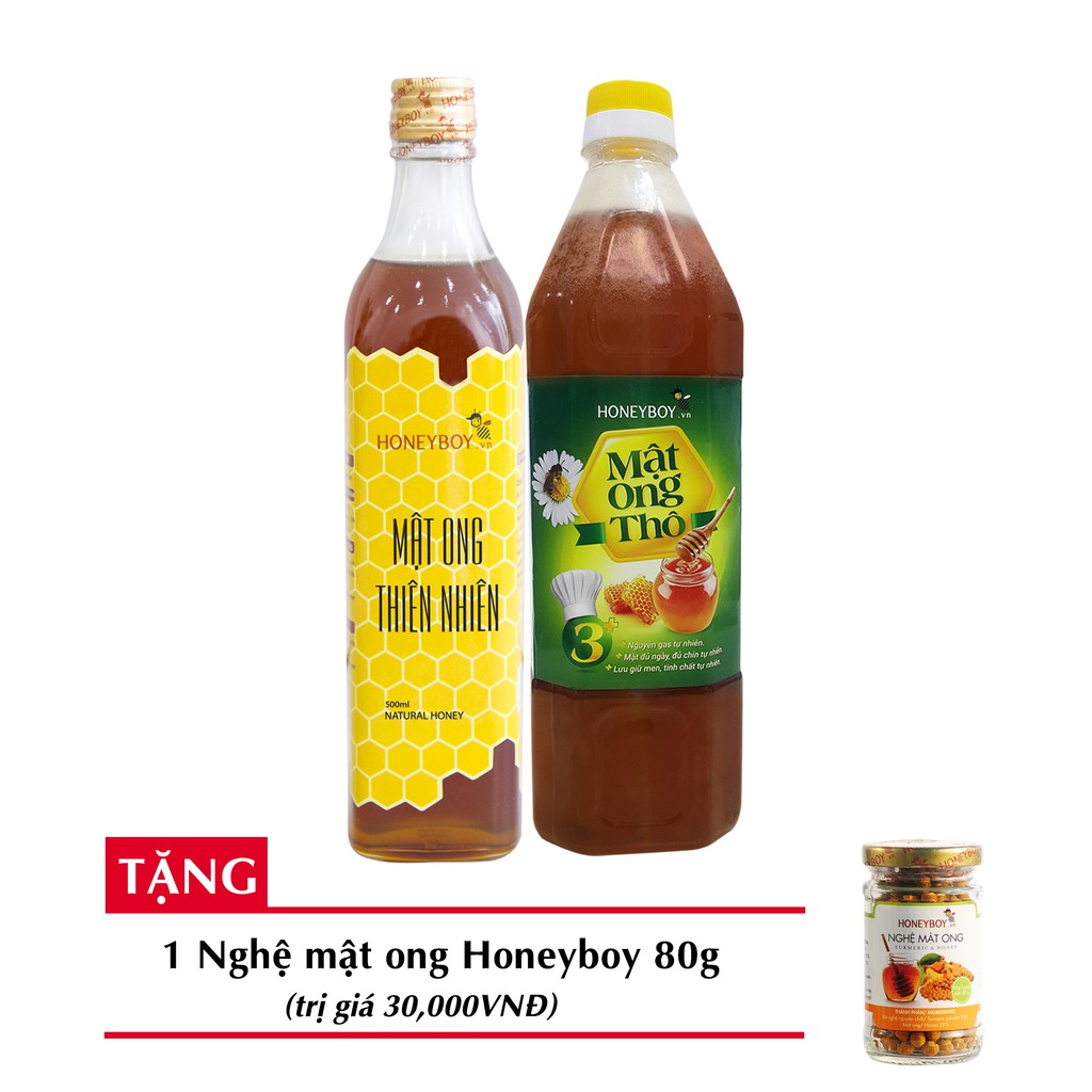 Bộ 2 Mật ong thiên nhiên HONEYBOY 500ml + Mật ong thô HONEYBOY 1000ml + tặng 1 Nghệ Mật ong HONEYBOY 80g