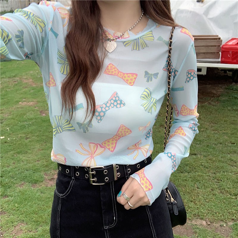 Spot sale sunscreen clothing women's summer 2021 new net yarn bottoming shirt with a thin blouse long-sleeved t-shirt ice silk top