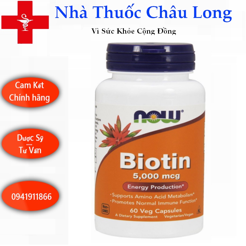 Viên Uống Biotin 5000mcg 60 viên  NOW foods - Nội Địa Mỹ - Giúp chắc khỏe tóc , phục hồi tóc hư , tóc rụng