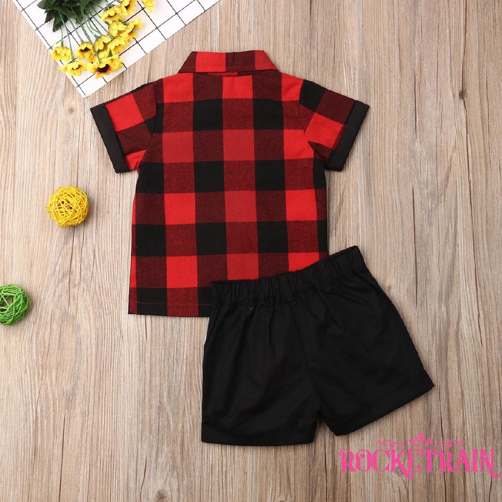 AydღToddler Baby Boy Christmas Outfit Gentleman Turn-Down Collar Plaid T-Shirt Tops+Pants Shorts Clothes Set