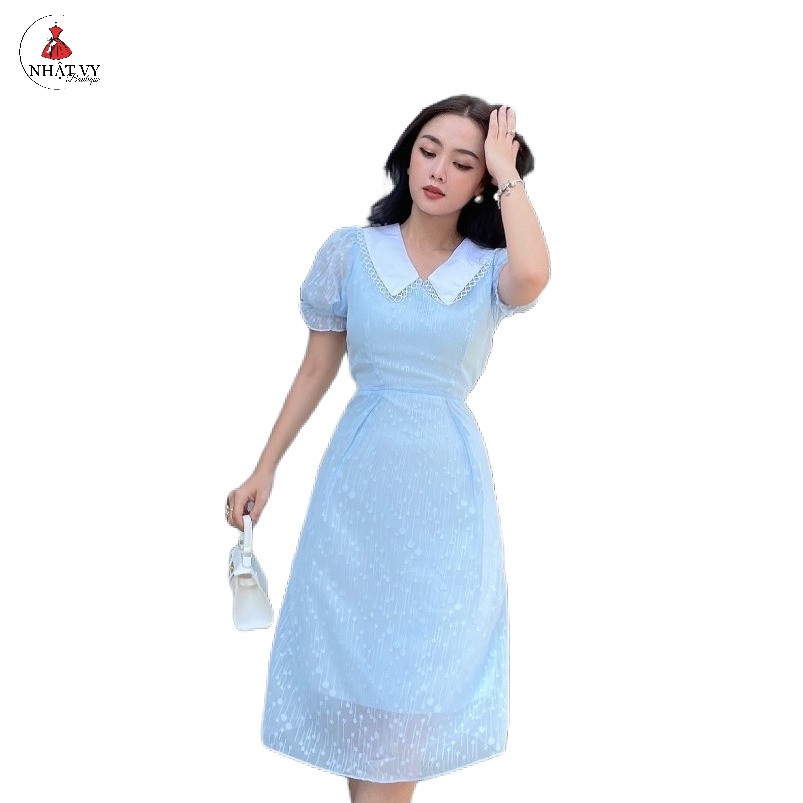 Đầm Đi Chơi NHẬT VY Cổ V Phối Ren Chất Voan Chiết Eo Dáng Xoè Màu Xanh Biển, Nude - D2313