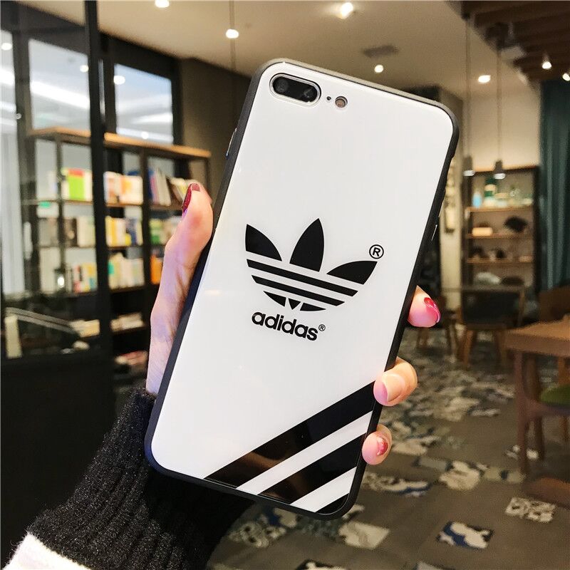 Ốp điện thoại mặt kính cường lực hình logo Adidas cho iPhone 6 6S 7 8 Plus X