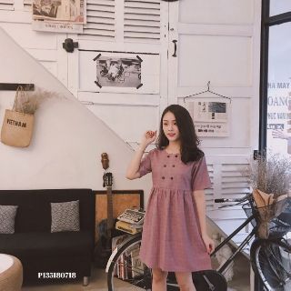 Đầm caro babydoll hàng nút