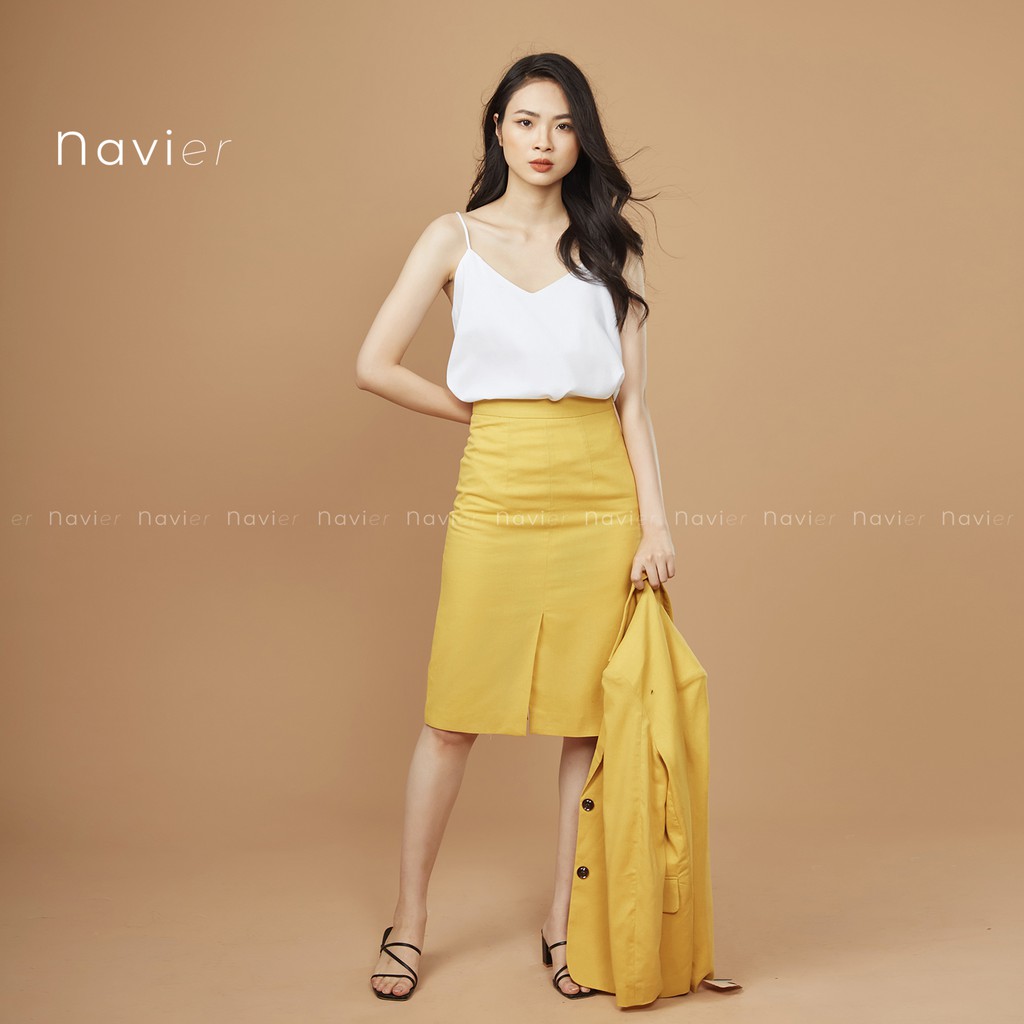 CHÂN VÁY MIDI DÀI SUÔNG CHỮ A CÔNG SỞ 2 LỚP XẺ TÀ ÔM NHẸ MÀU TRẮNG VÀNG TÍM BE - LINEN OFFICE SKIRT CV01 NAVIER | BigBuy360 - bigbuy360.vn