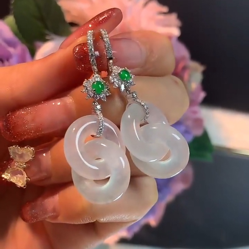 ❤Khuyên Tai Bạc Mặt Đá Ngọc Bích Trắng Tự Nhiên Sang Trọng Cho Nữ