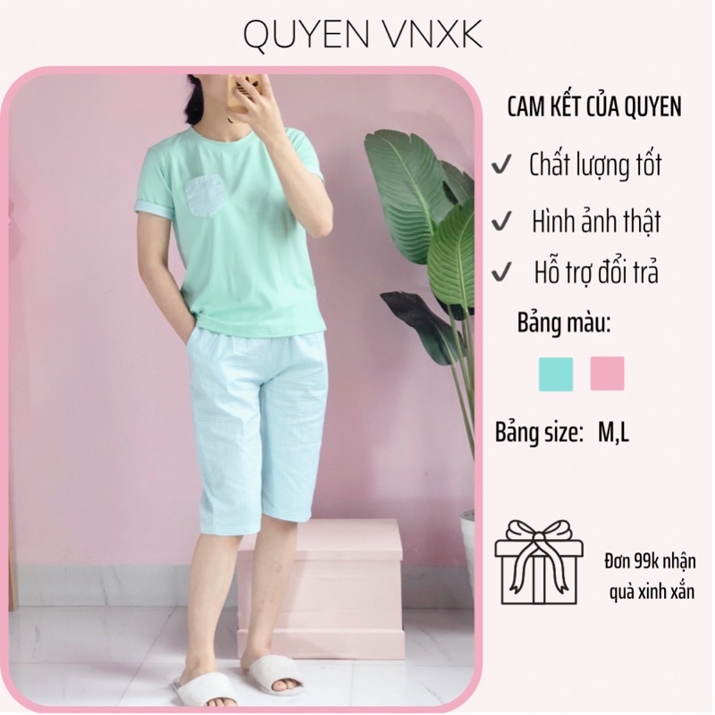 Bộ mặc nhà nữ , chất cotton mịn mát, phối tay gập túi ngực, áo cộc tay quần ngố chất thô mềm