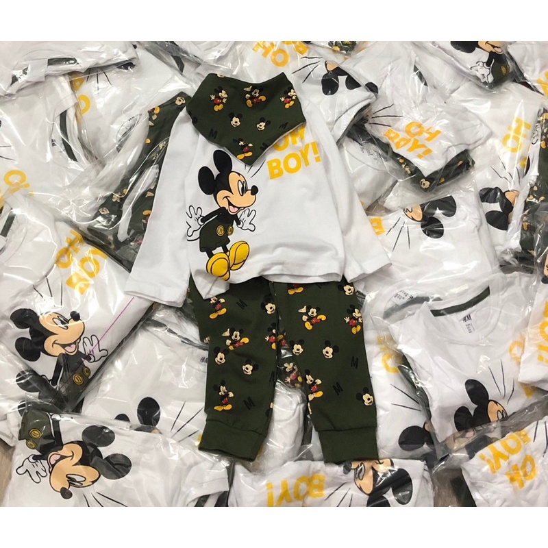 Bộ cotton dài tay kèm yếm cổ Mickey trắng rêu 1-6Y