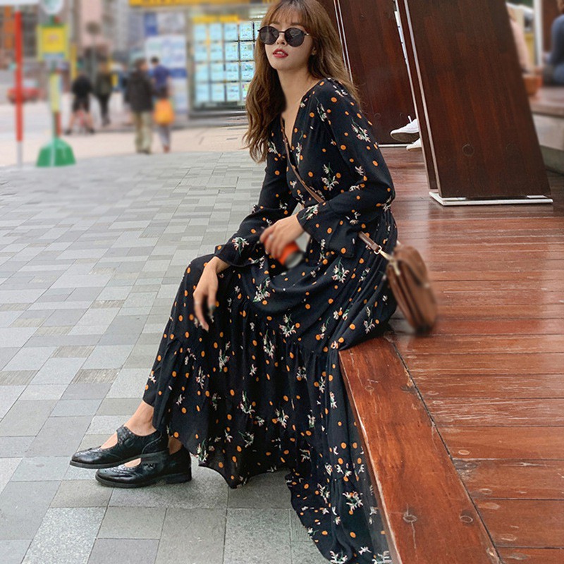 Đầm Dáng Dài In Họa Tiết Hoa Thời Trang Xuân Thu Thanh Lịch Cho Nữ | BigBuy360 - bigbuy360.vn