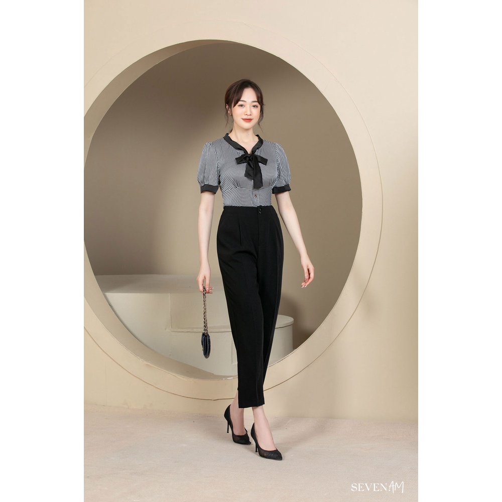 Áo Sơ Mi Seven.AM Tay Cộc Chất Thô Họa Tiết Nanh Sói Viền Đen Kiểu Dáng Nhún Eo Mã FH113020