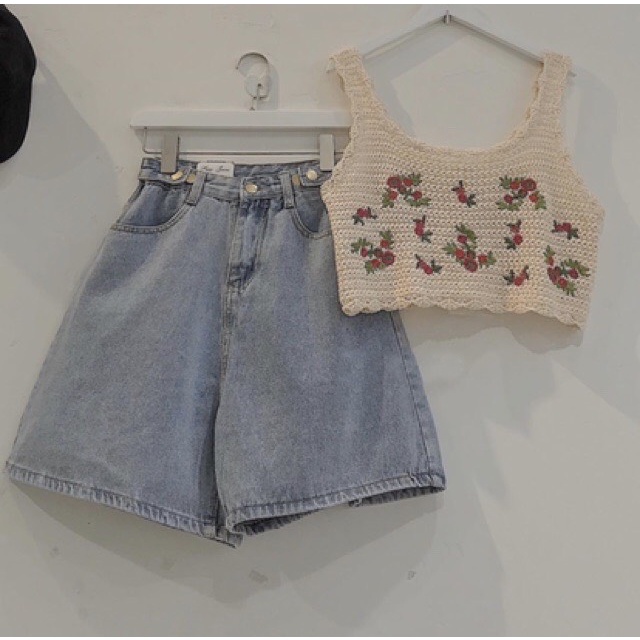 Quần short jean nữ lưng cao, quần đùi jean cạp cao ống rộng OHS064