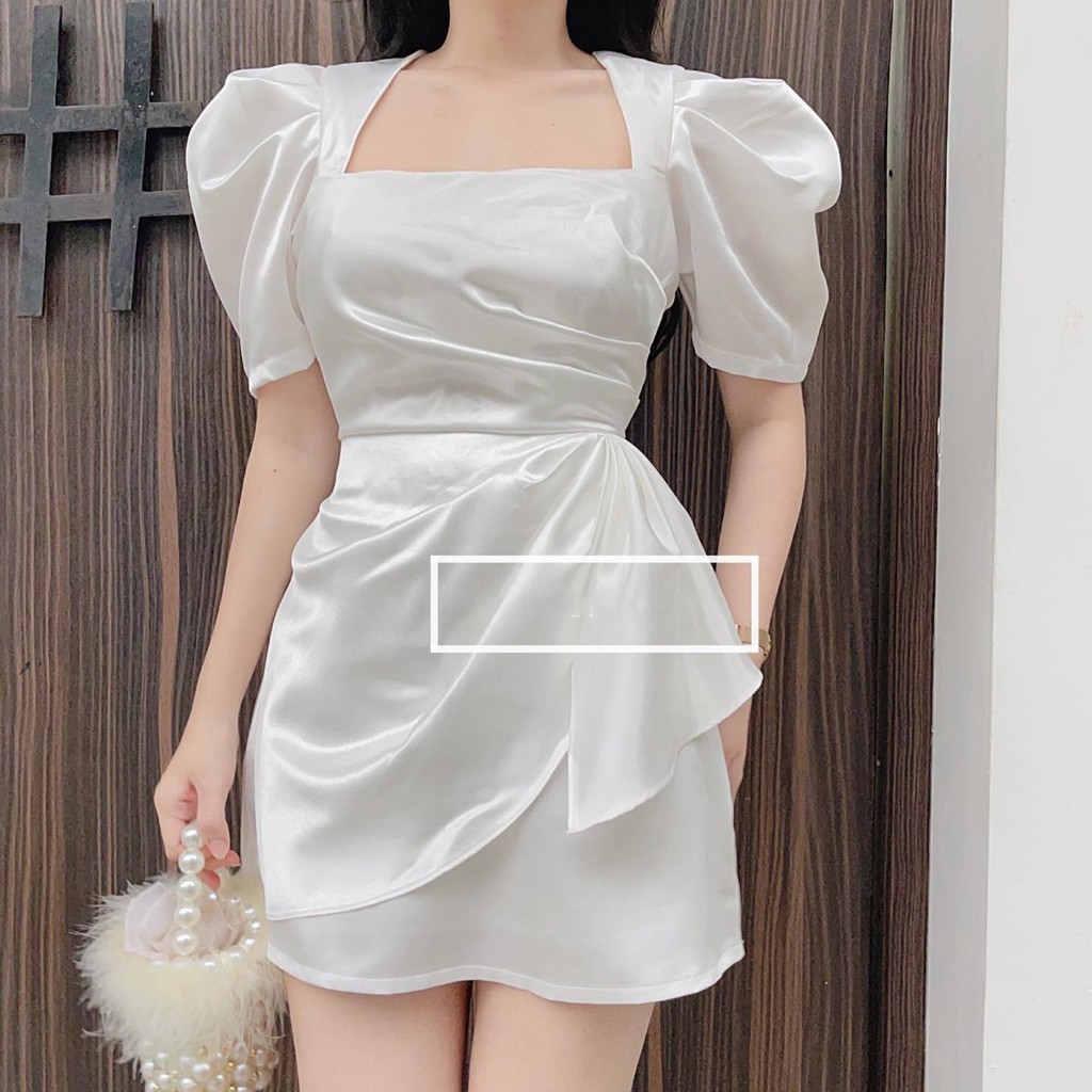 Đầm xinh dạo phố tay ngắn bổng cổ vuông nhún eo nơ nữ tính - NV37 | BigBuy360 - bigbuy360.vn