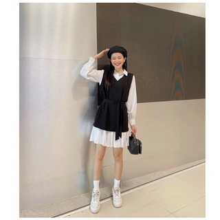 Set yếm đen kèm váy xếp ly cá thắt nơ xinh xắn