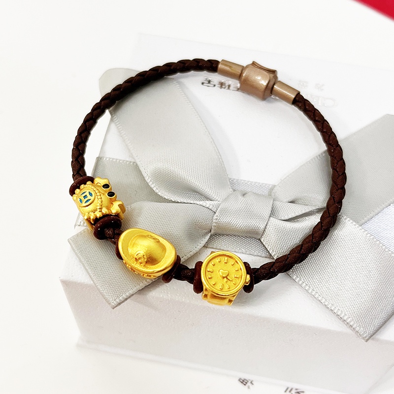 Vòng Tay Dây Da Bện Phối Hạt Đồng Mạ Vàng Thời Trang Cho Nữ