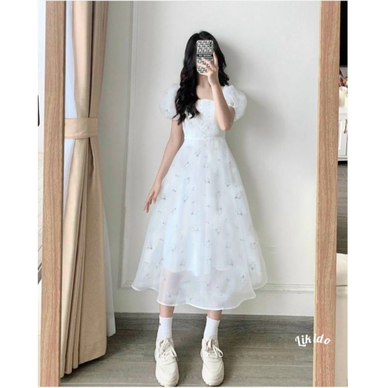 (Sẵn) Đầm đi tiệc midi voan hoa cổ vuông tay phồng nút bọc | BigBuy360 - bigbuy360.vn