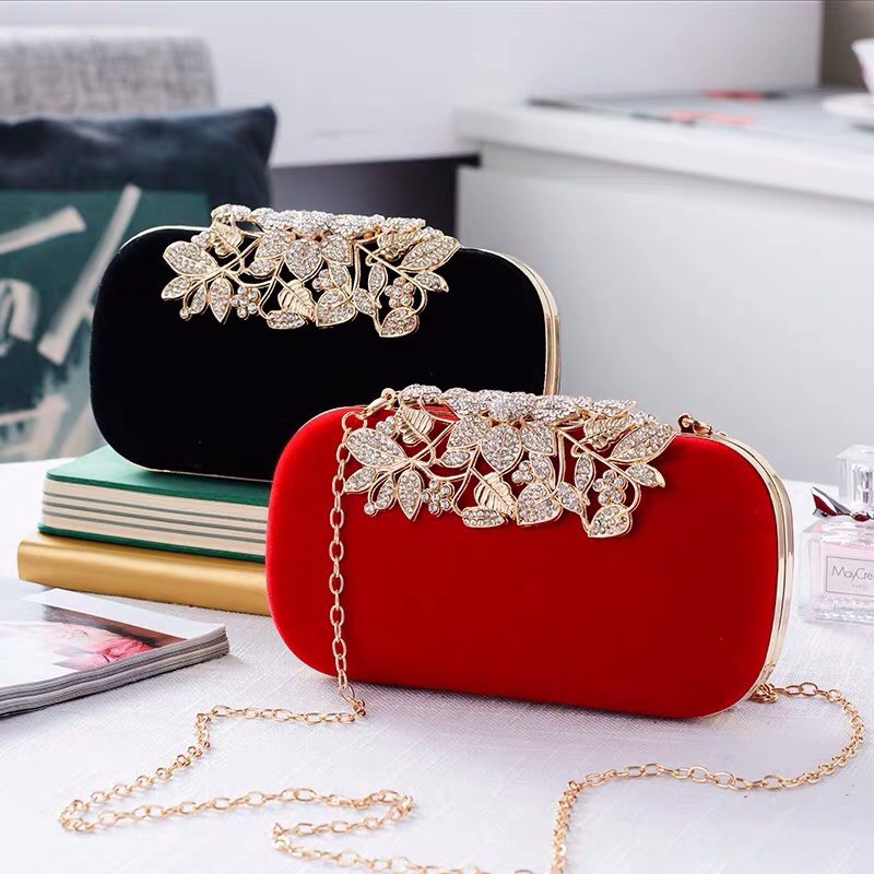 Clutch ví dự tiệc nhung khoá hoa siêu đẹp