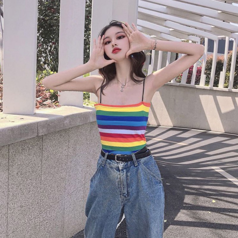 Áo nữ không tay họa tiết sọc cầu vồng thời trang quyến rũ | BigBuy360 - bigbuy360.vn