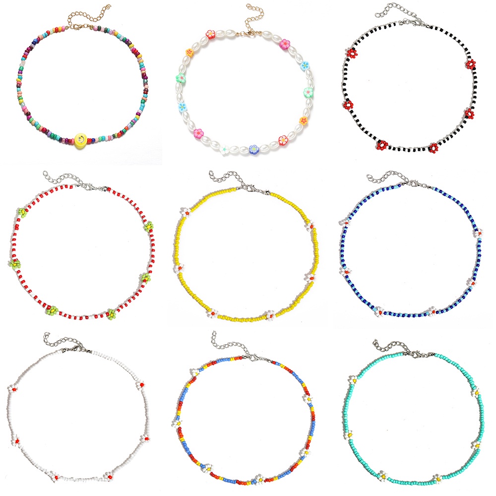 Vòng cổ choker chuỗi hạt gạo phối hình bướm trái tim đầy màu sắc kiểu cho nữ