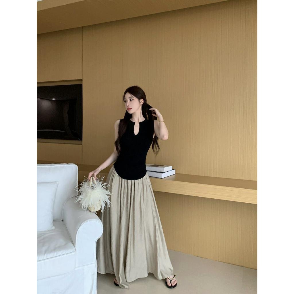 Cocory vn Áo Dệt Kim Sát Nách Cổ Chữ V Khoét Sâu Màu Đen Thời Trang Mùa Hè Cho Nữ