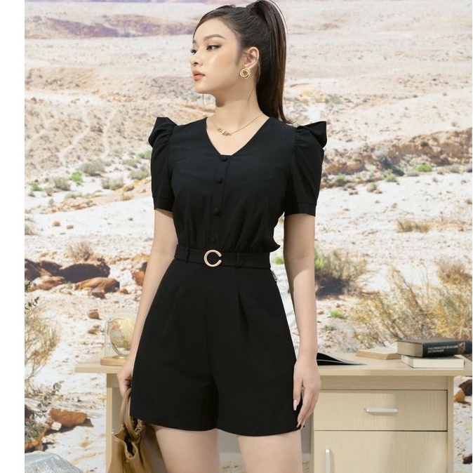 Bộ jumpsuit đũi áo ngắn tay, quần đùi kèm đai CH17S222