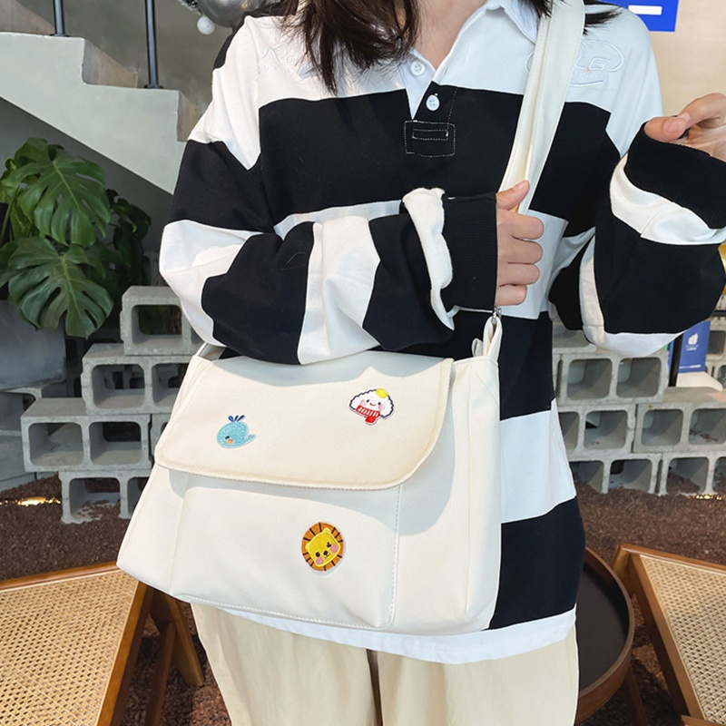 Túi Đeo Chéo Canvas Màu Trơn Hình Vuông Họa Tiết Hoạt Hình Đáng Yêu