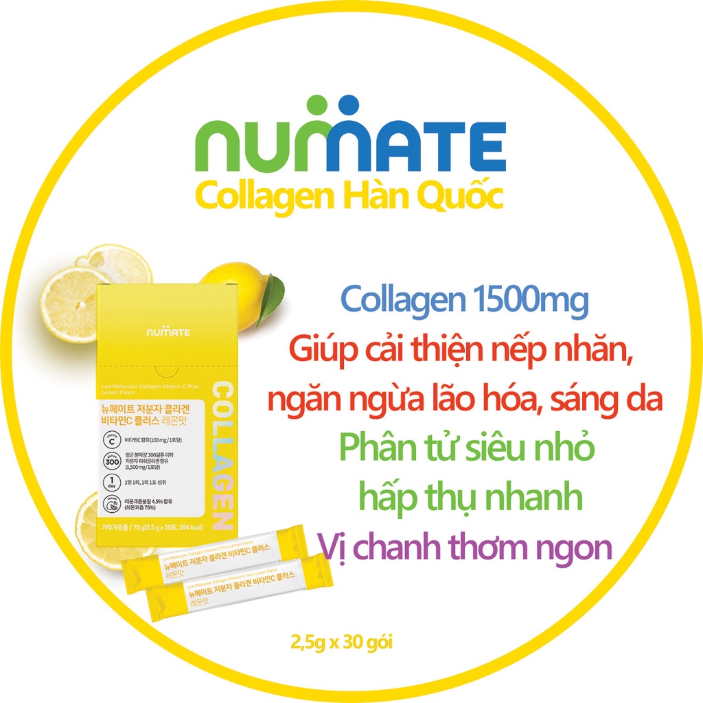 Collagen HÀN QUỐC CHÍNH HÃNG 1500mg x 30 gói (Powder - Bột) Vitamin C hương chanh (lemon) - Hiệu Numate Hộp 30 gói