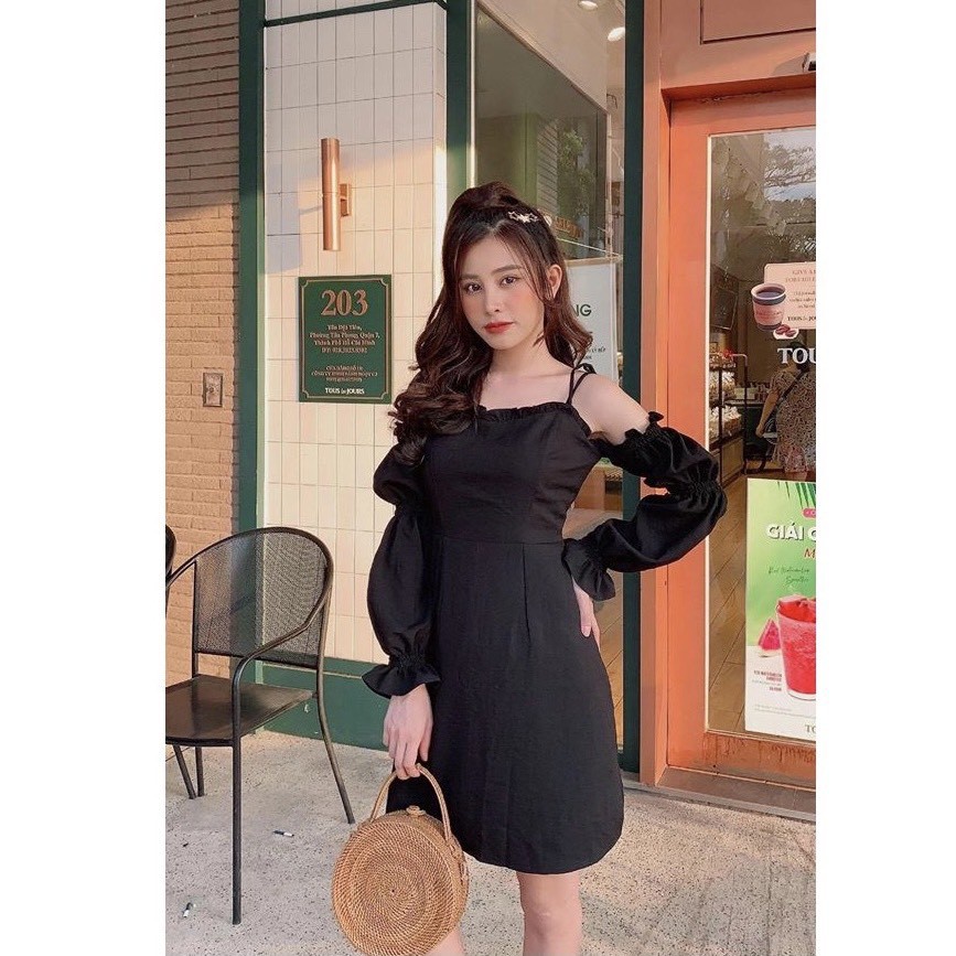 VÁY ĐẦM NỮ Trắng Đen HAI DÂY TAY PHỒNG BUỘC NƠ TRỄ VAI DÀI TAY - ĐẦM TRẮNG TRỄ VAI DẠO PHỐ 2 dây ulzzang