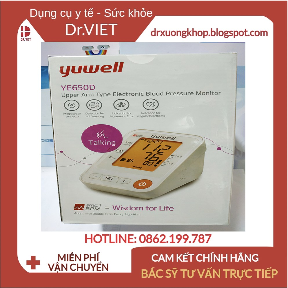 Máy Đo Huyết Áp có giọng nói Tiếng Việt Yuwell YE650D chính hãng-Màn hình LCD rộng, phông chữ lớn-Hiển thị thời gian