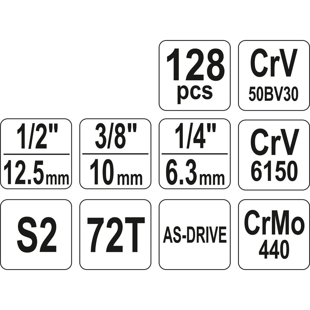 Bộ tuýp tay vặn tổng hợp 1/4, 3/8 & 1/2" 128 chi tiết Yato YT-38872 - Sản phẩm chính hãng
