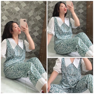 Set Đồ bộ Pijama - Bộ lụa latin mặc nhà tay lơ quần dài beo xanh