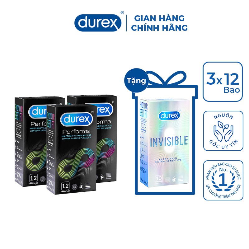 [Mã FMCGMALL - 8% đơn 250K] Bộ 3 hộp bao cao su Durex Performa 12 bao/hộp + 1 hộp Durex Invisible 10 bao/hộp