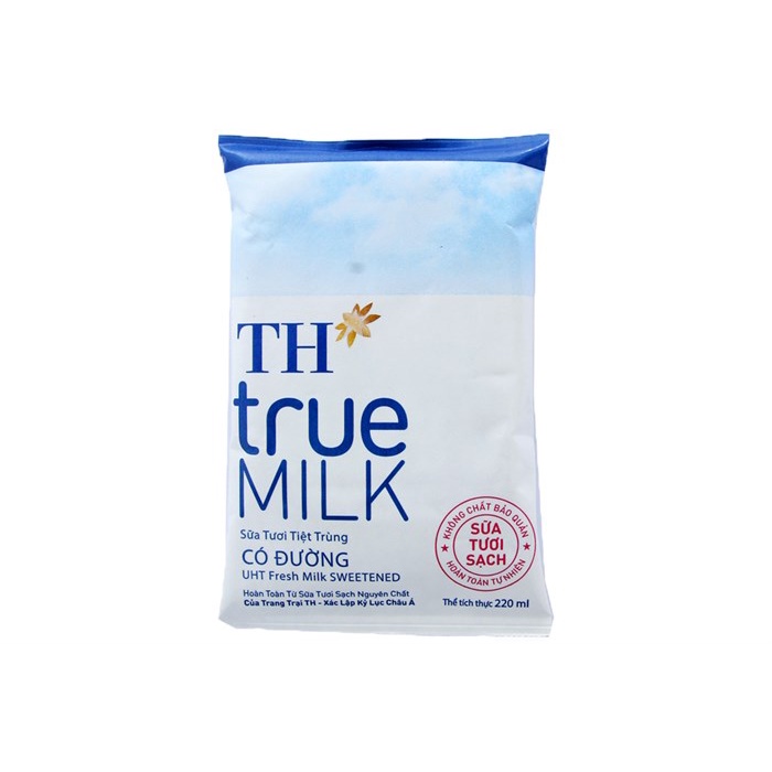 Sữa tươi tiệt trùng TH True Milk - Bịch 220ml ít đường có đường