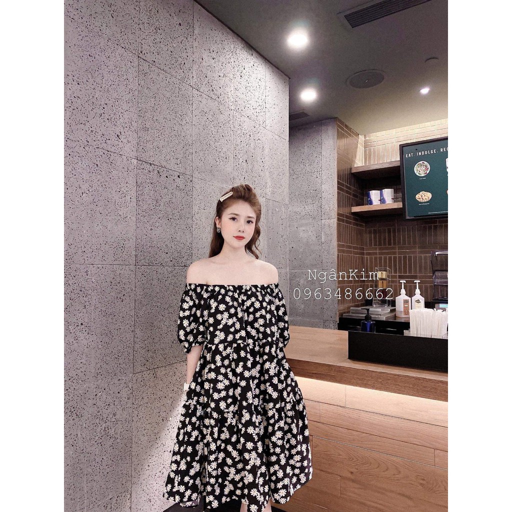 váy hoa cúc trễ vai tiểu thư chất đũi | BigBuy360 - bigbuy360.vn