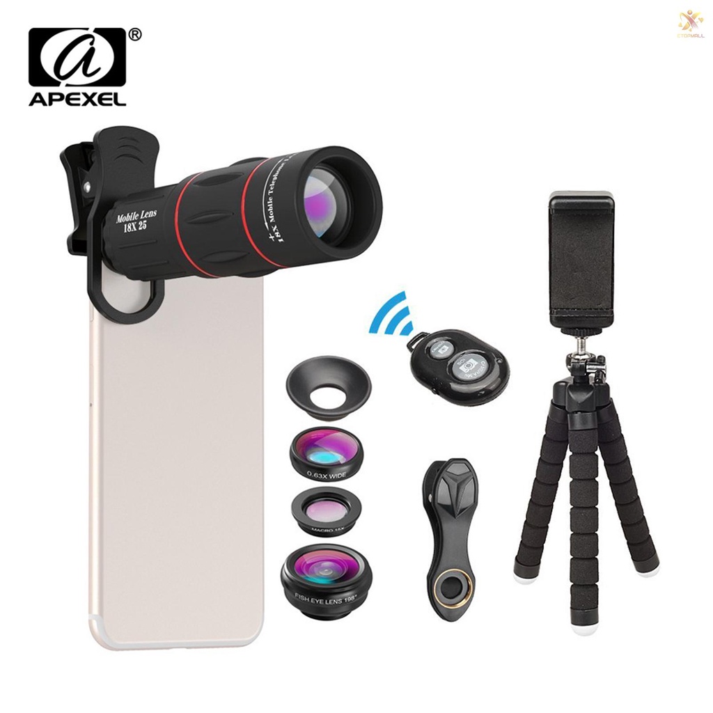 ET APEXEL APL-T18XBZJ5 Telephoto 4 in 1 Cellphone Lens Universal Kit 18X Mobile Phone Telephoto Lens 198° Fisheye Lens 0.63X Wide Angle 15X Macro Lens with Remote Shutter Mini Tripod Phone Holder for     Most Smartphones