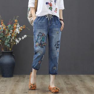 Fashion Korean High Quality Autumn New Cartoon Embroidery Jeans Women Elastic Waist Denim Pants