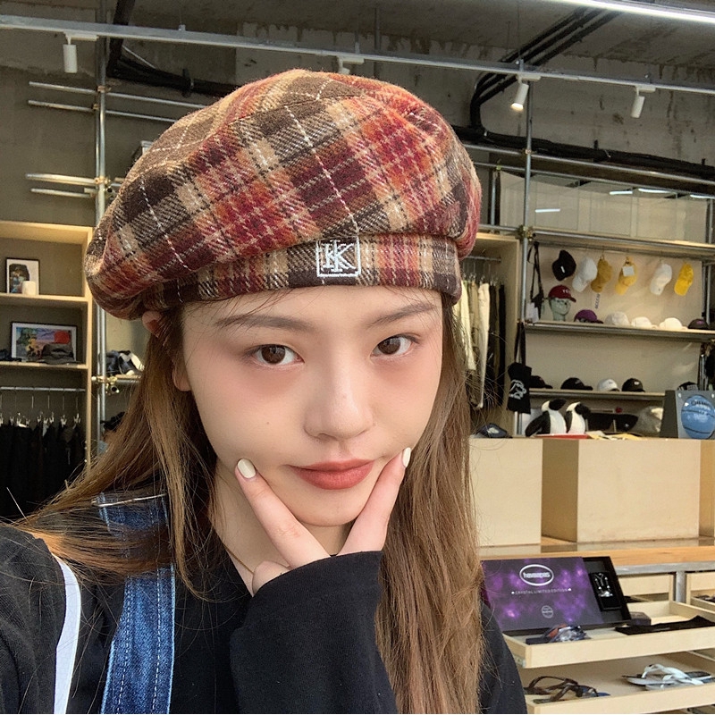 Mũ Beret Len Kẻ Sọc Caro Phong Cách Retro Nhật Bản Thời Trang Thu Đông Cho Nữ